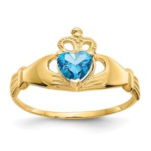 14k Gold Genuine CZ December Birthstone Claddagh Heart Ring, Size 7